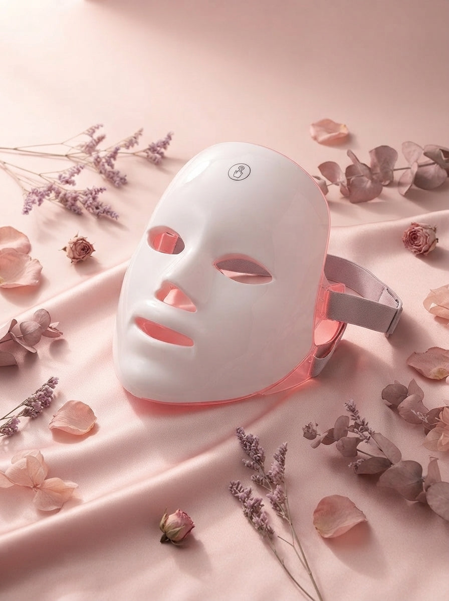A seven-color LED photon rejuvenation mask displayed on blush pink silk with rose-toned botanical accents in a luxury spa set